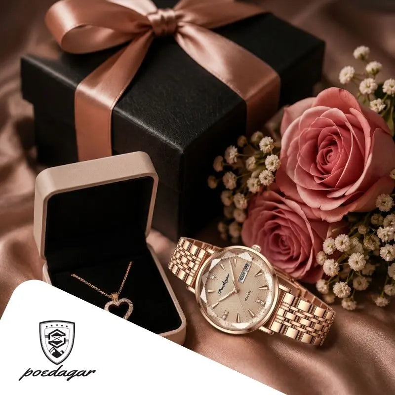 Geschenke für die Freundin mit Damenuhr, Rosen und Geschenkbox