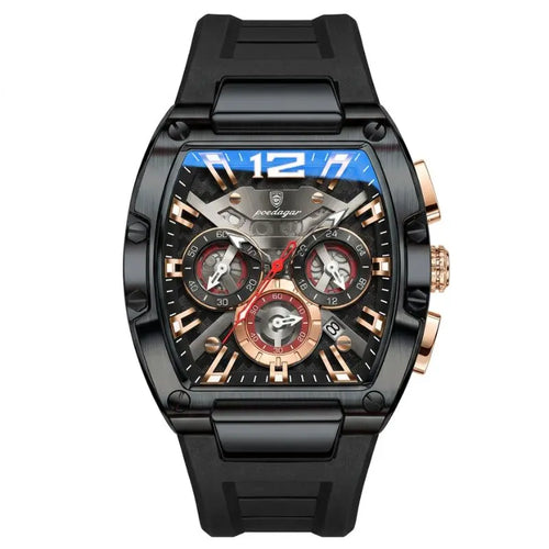Poedagar Chronograph Uhr Raptor – Silberne Ausführung mit blauem Silikonarmband in der Geschenkbox