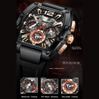 Poedagar Chronograph Uhr Raptor – Silberne Ausführung mit schwarzem Silikonarmband in der Geschenkbox