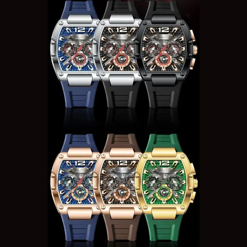 Poedagar Chronograph Uhr Raptor am Handgelenk, Arm auf Porsche-Armaturenbrett abgelegt